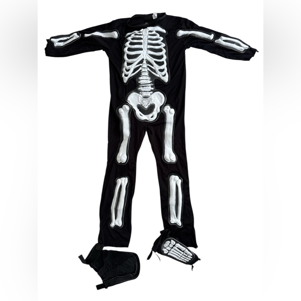 Kids Skeleton Halloween Costume Black White Bones Outfit w/ Boot Covers M 8-10‎